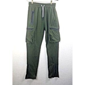Men cargo pockets joggers elastic‎ pants slim fit L Forest Green drawstring
